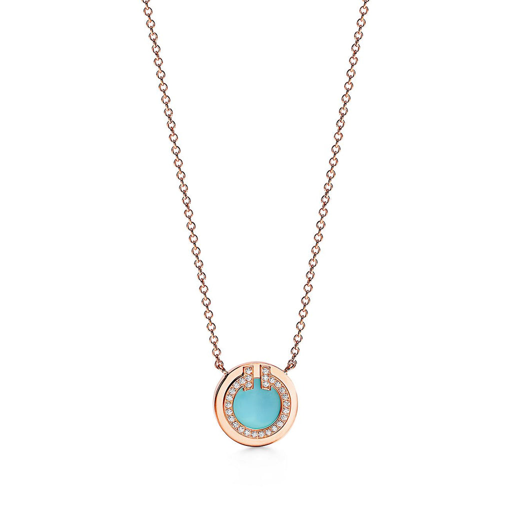 Tiffany Diamond & Turquoise Circle Pendant 18K Gold Necklace