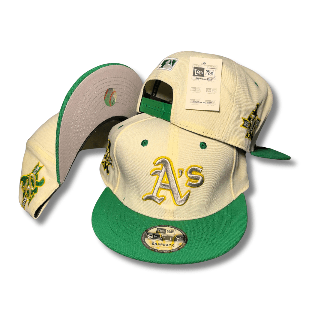 Oakland Athletics Cream and Green with Embroidered Side Patches – Snapback Cap