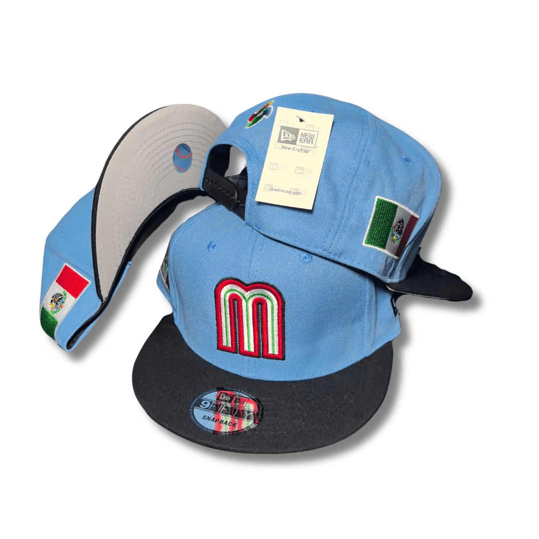 Mexico Baseball Light Blue and Black with Embroidered Logo and Flag Patch – Snapback Cap