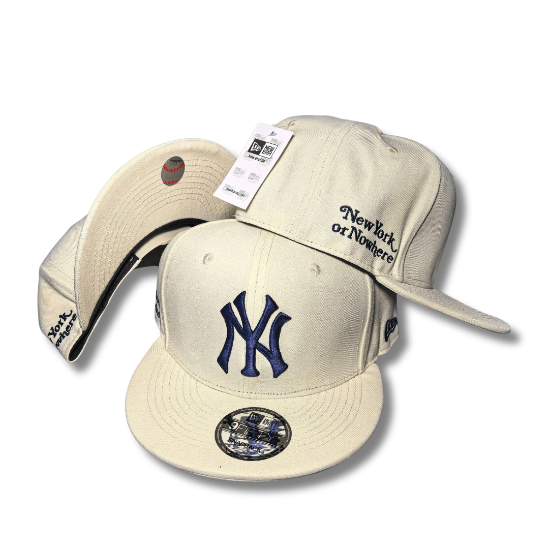 New York Yankees with Navy Embroidered Logo and “New York or Nowhere” Script Cream – Snapback Cap