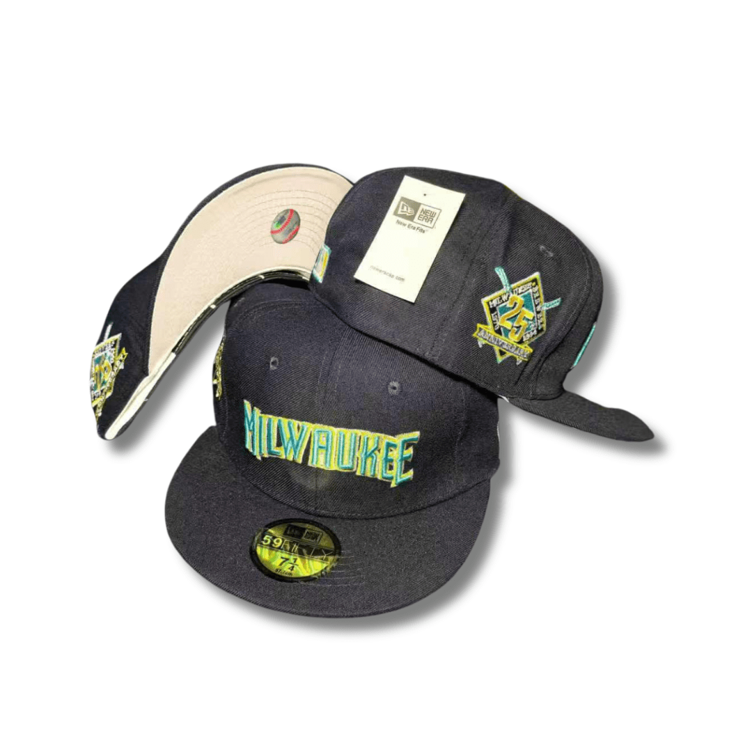 Milwaukee Fitted Hat with Embroidered Script and Commemorative Patch Black – Fitted Cap