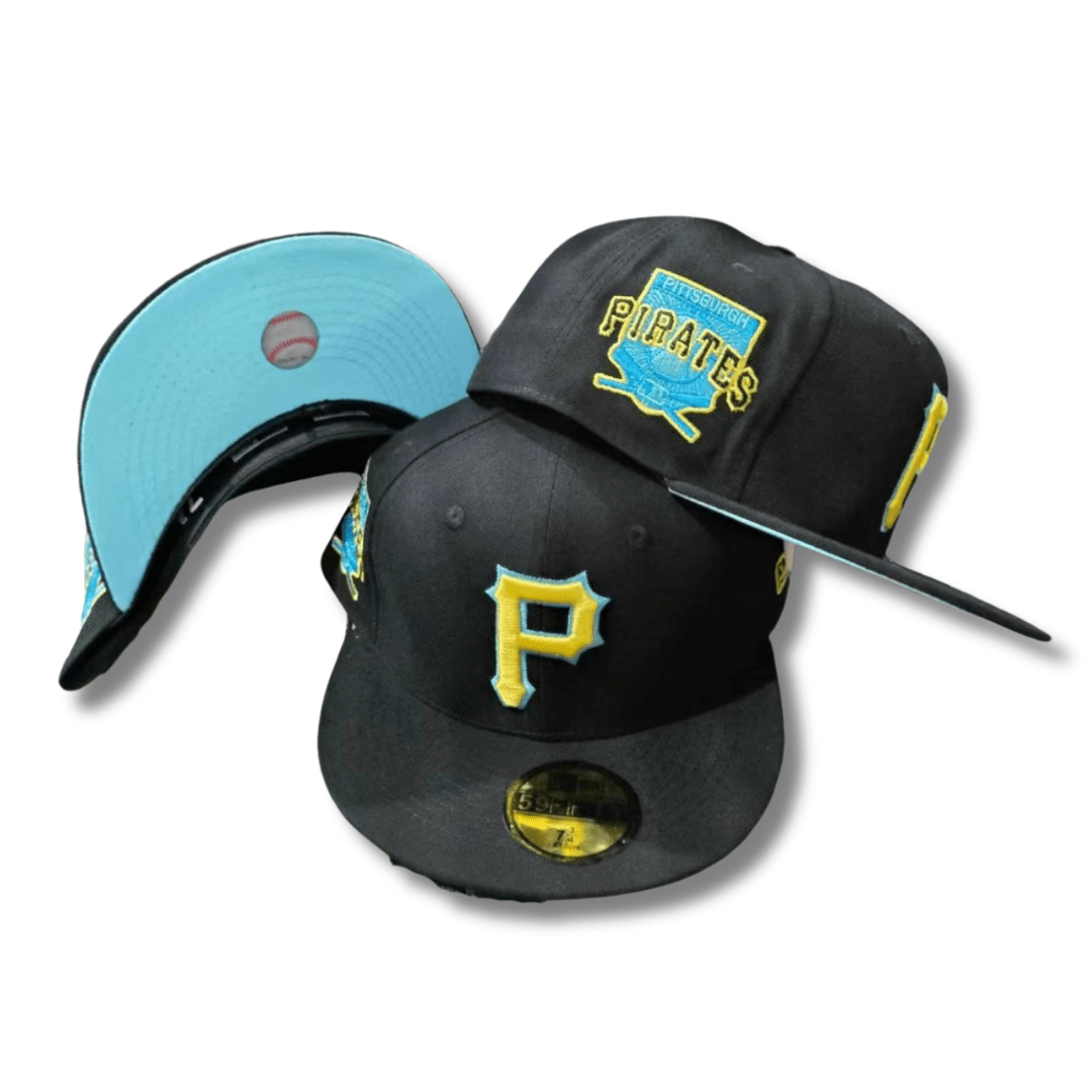 Pittsburgh Pirates with Yellow Logo and Sky Blue Undervisor Black – Fitted Cap