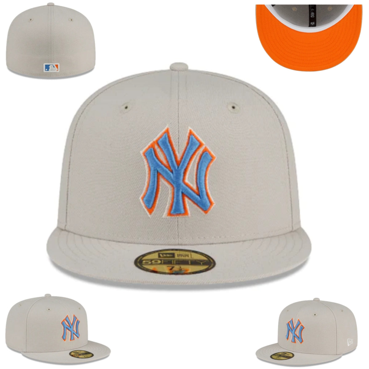 New York Yankees Fitted Hat – Light Gray with Blue and Orange Logo & Bright Orange Undervisor