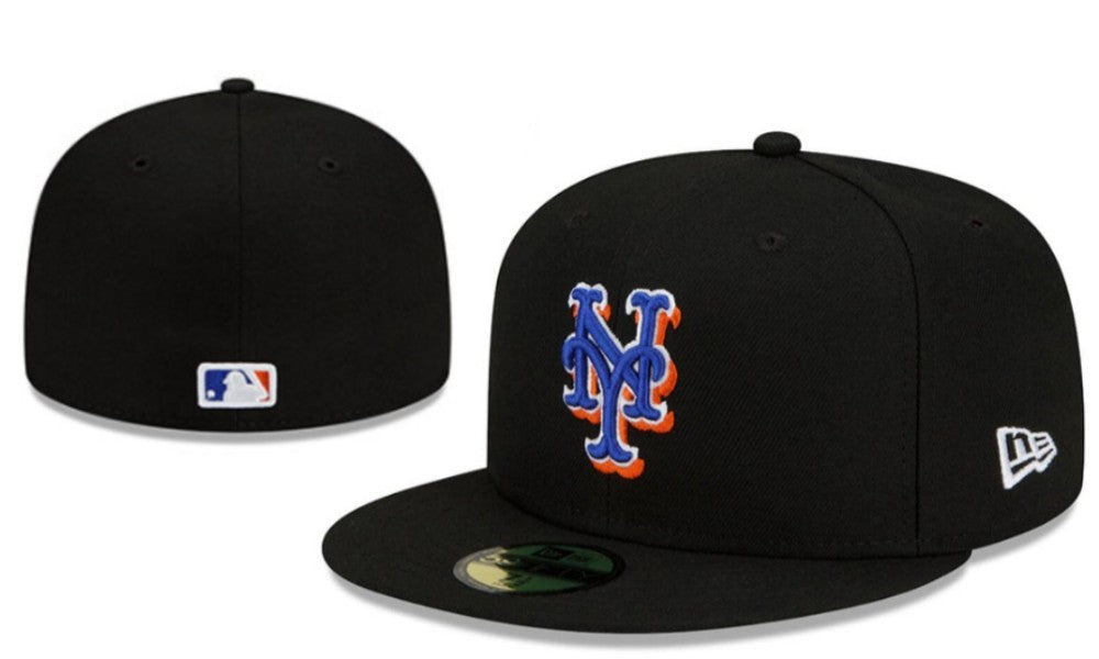 New York Mets Black New Era Fitted Hat with Blue and Orange Logo