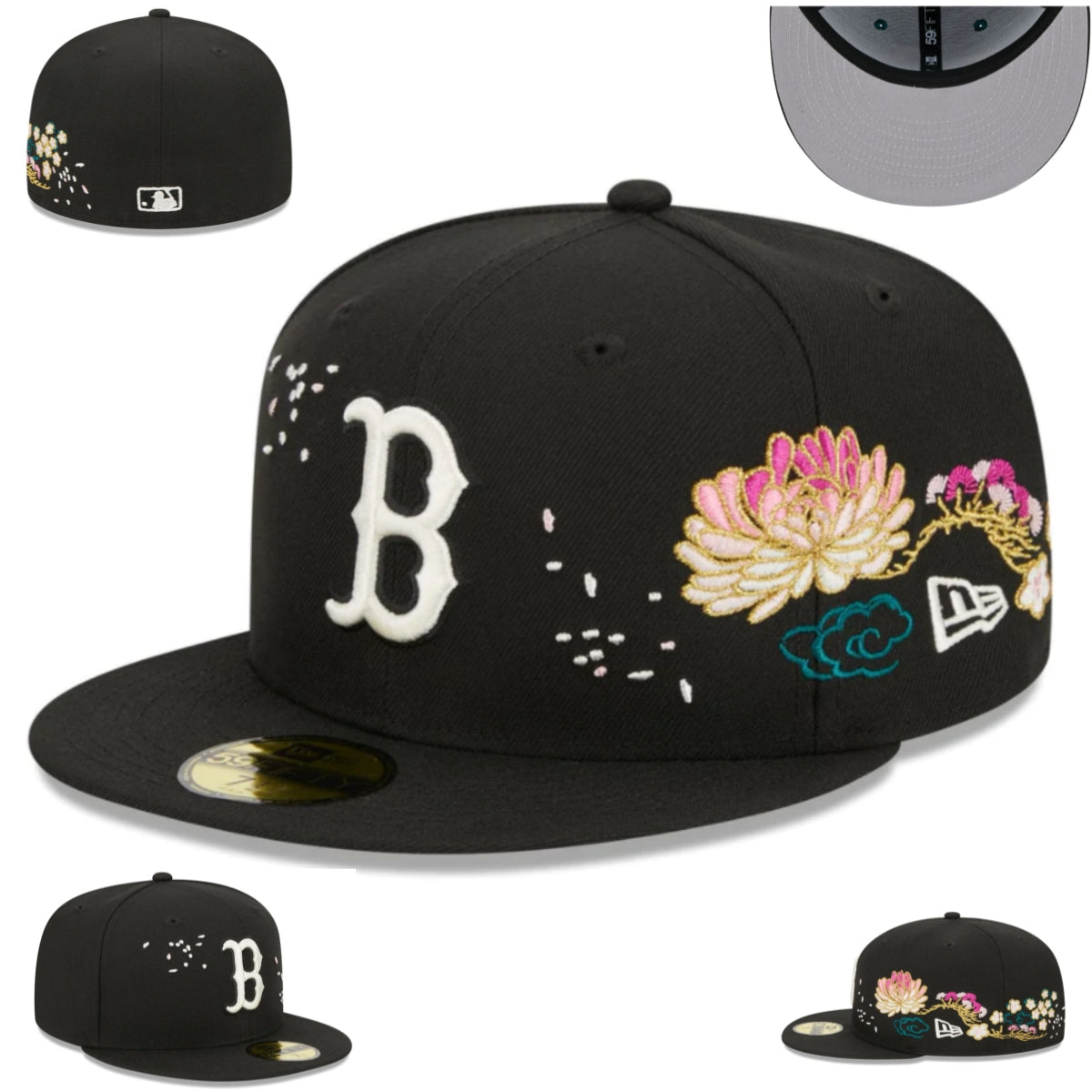 Boston Red Sox Black Floral Embroidered Fitted Cap