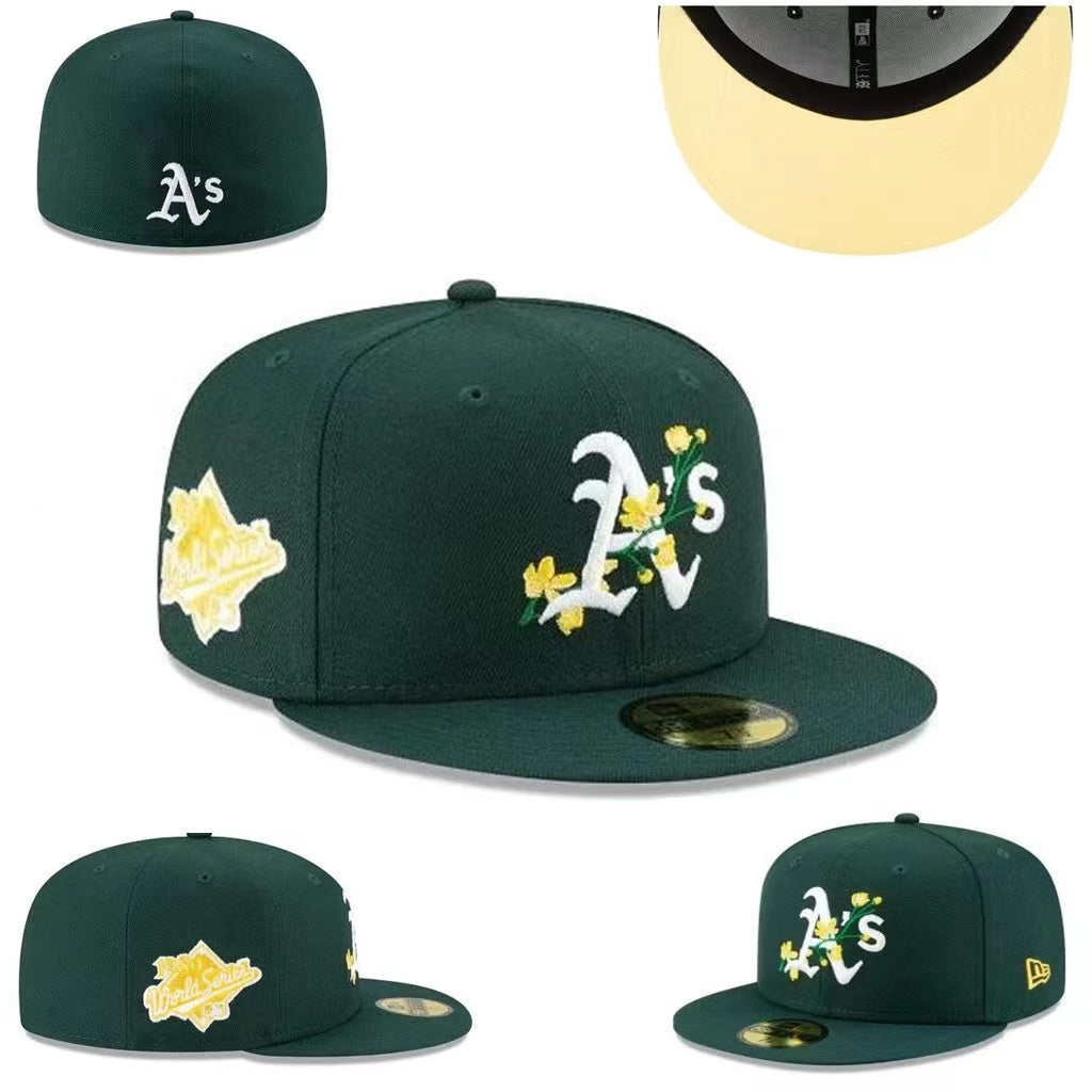 Oakland Athletics Floral-Embroidered World Series Hat with Yellow Undervisor – Forest Green