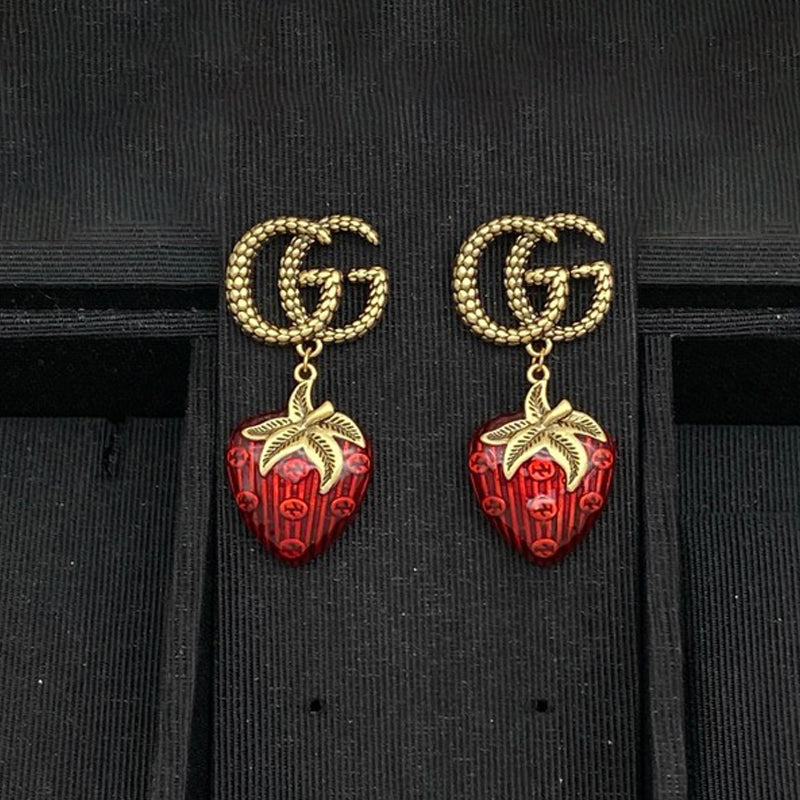Gucci Double Green & Red Berry 18K Gold Earrings