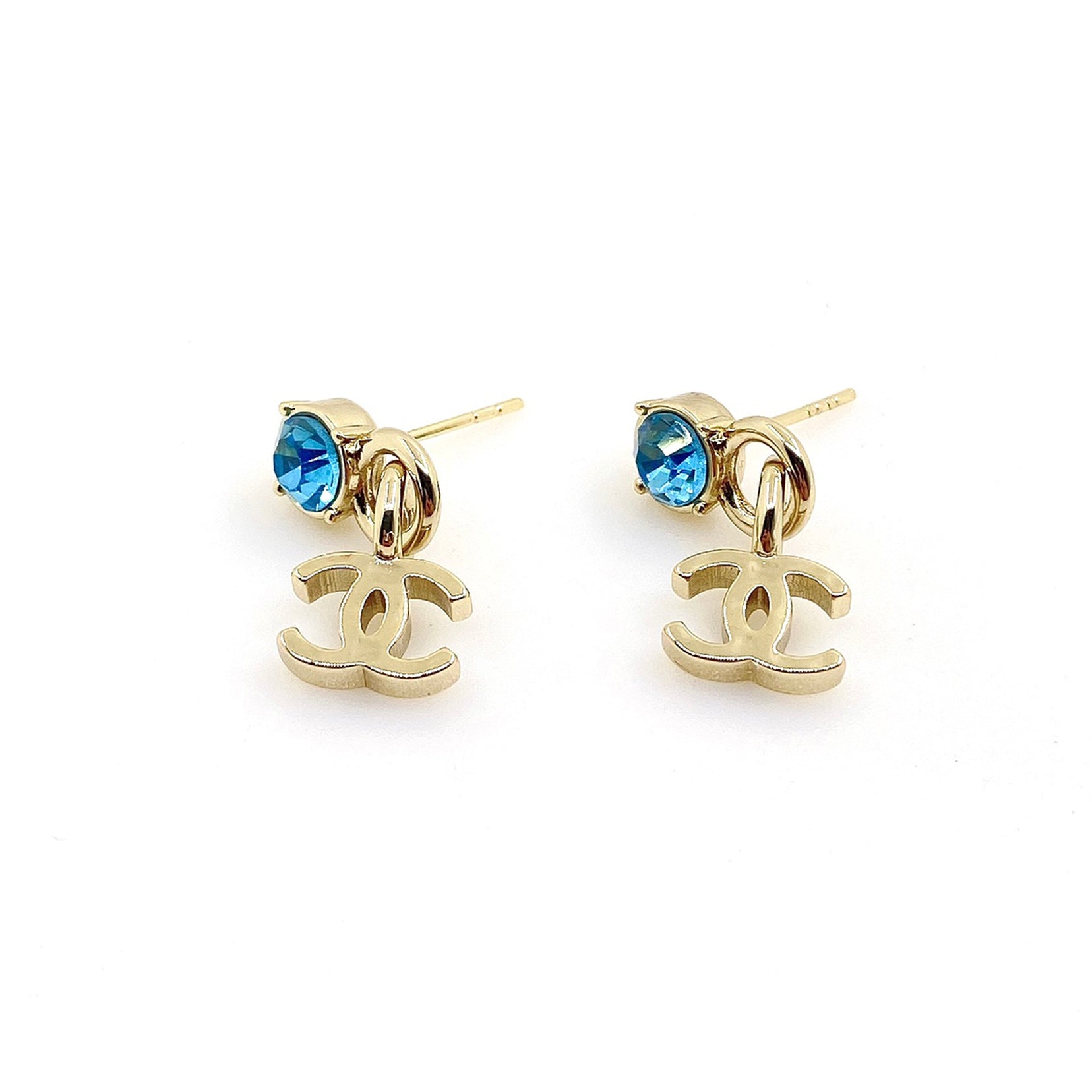 Chanel Blue Crystal 18K Gold Earrings