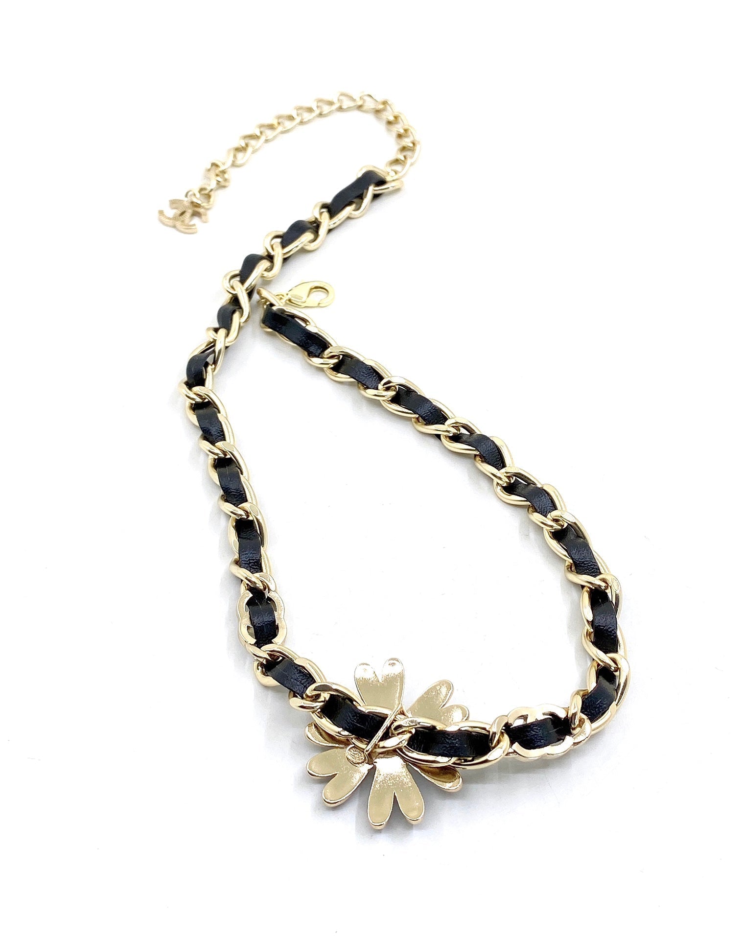 Chanel Flower Leather Choker 18K Gold Necklace