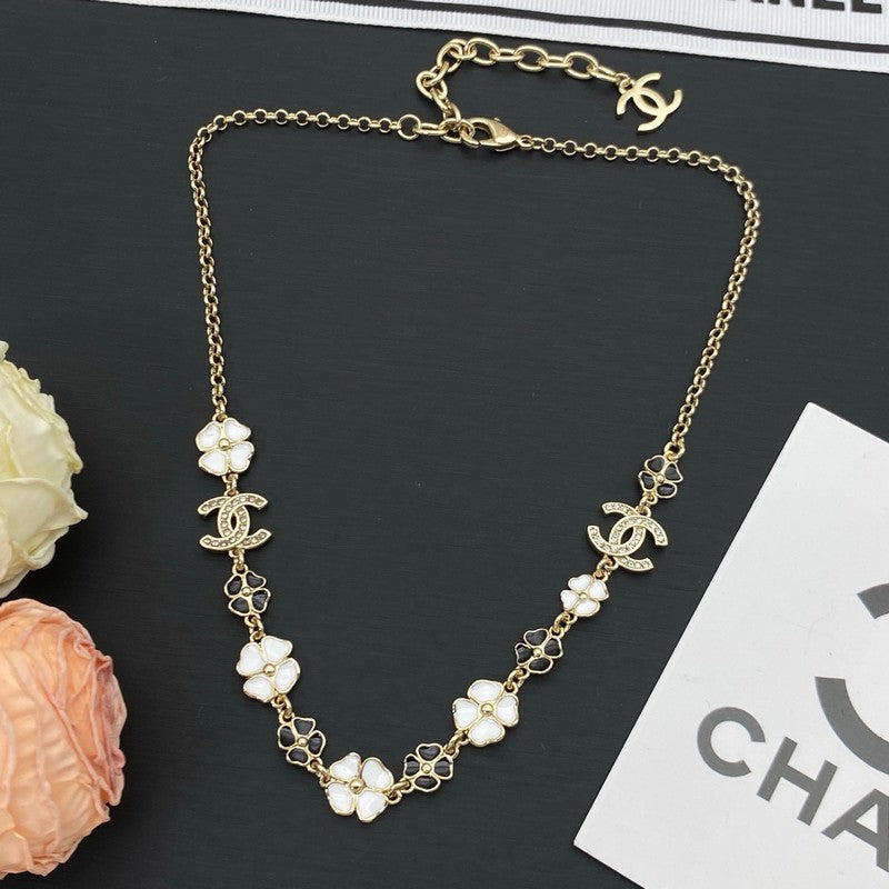 Chanel Black & White Camellia 18K Gold Necklace