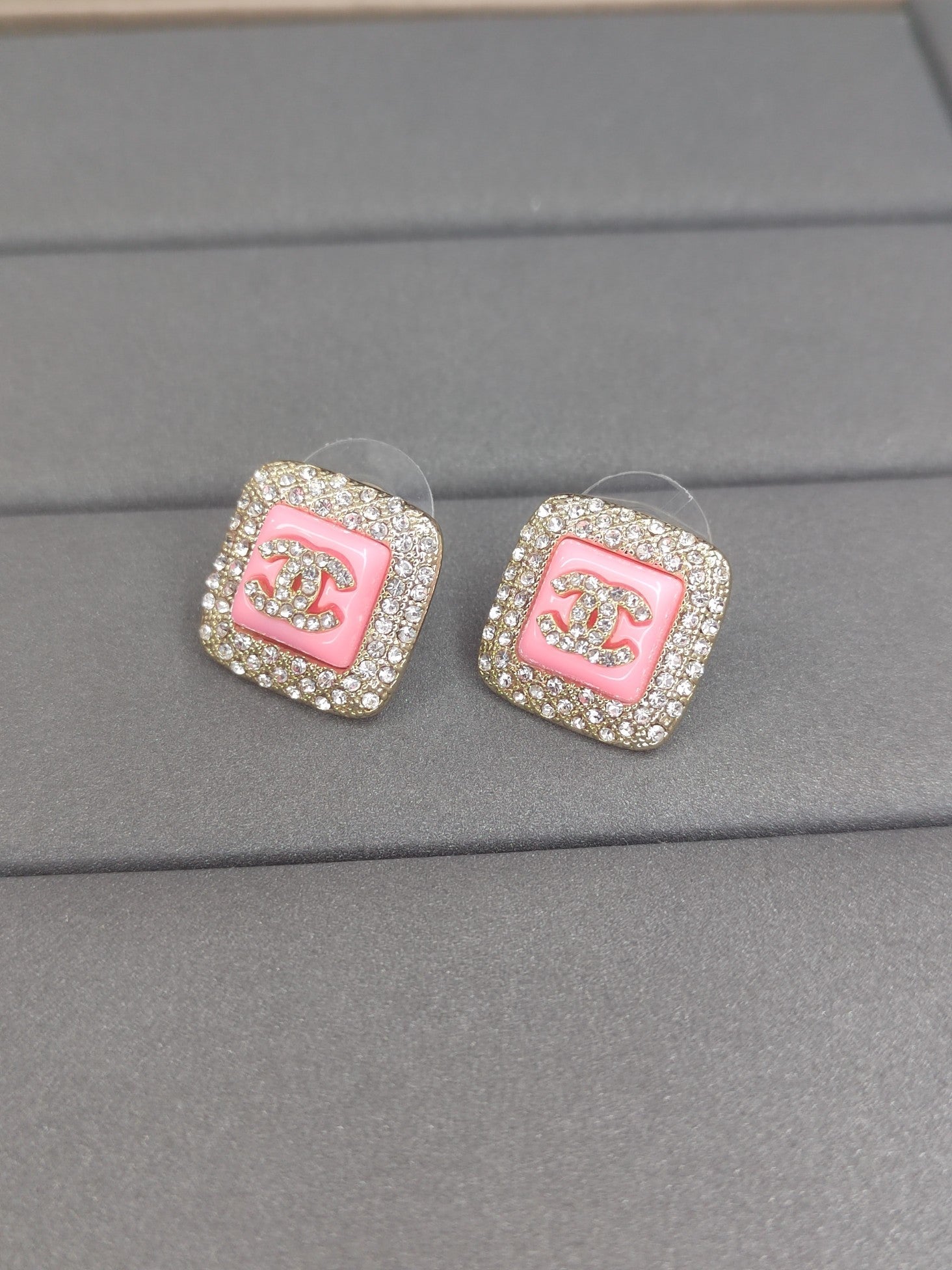 Chanel Diamond Square Pink 18K Gold Earrings