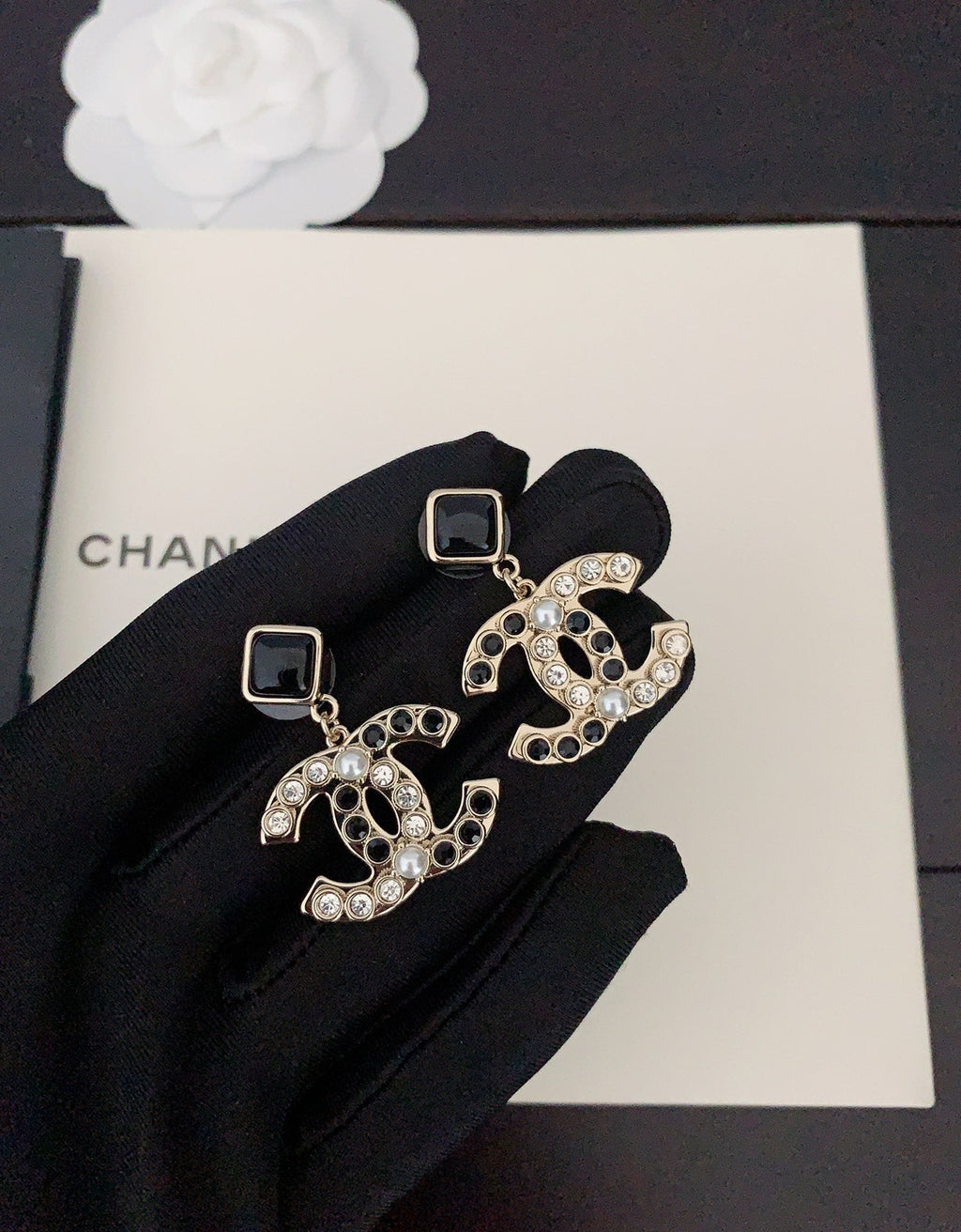 Chanel Black Crystals 18K Gold Earrings