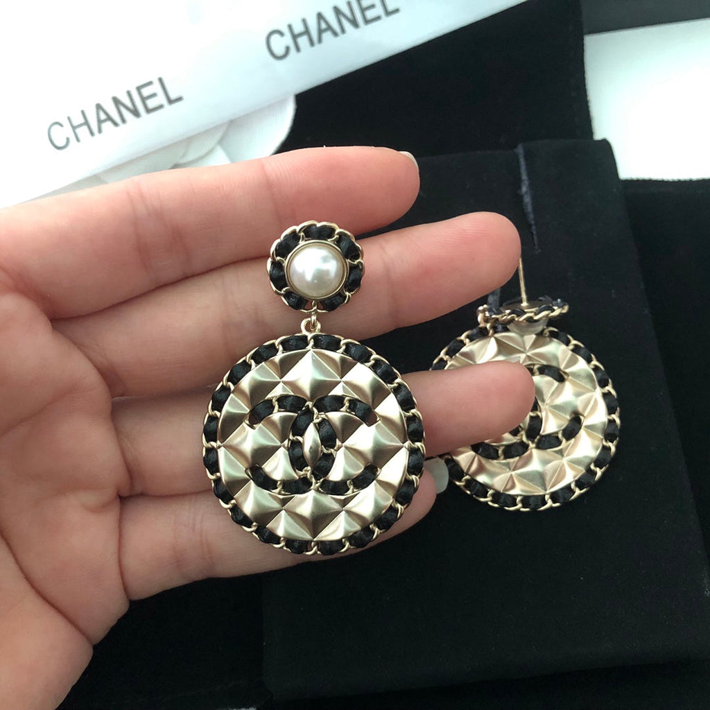 Chanel Leather Round 18K Gold Earrings