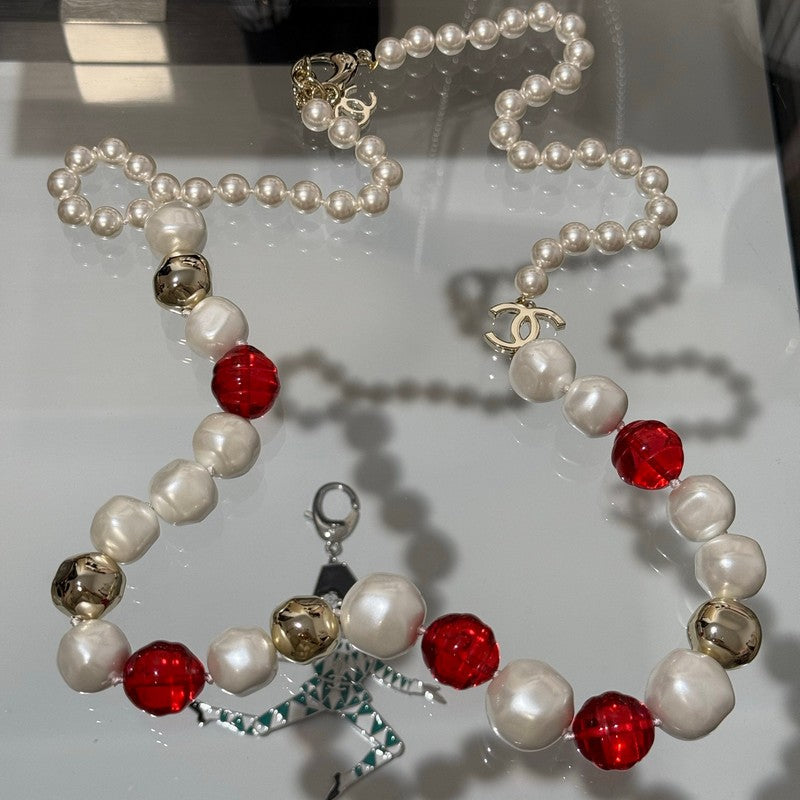 Chanel Red Crystal Pearl 18K Gold Necklace