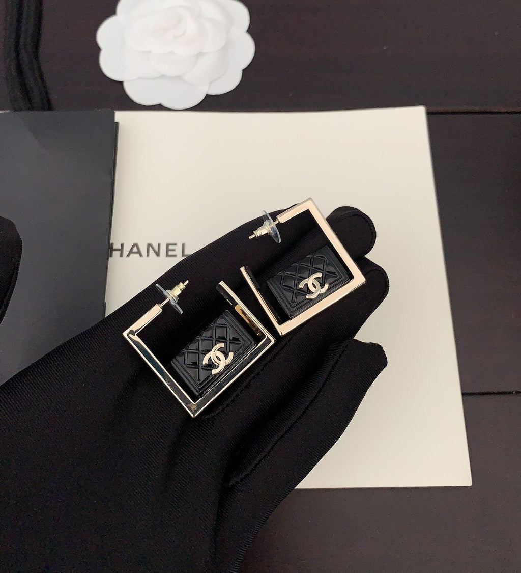 Chanel Black Bag Pendant 18K Gold Earrings