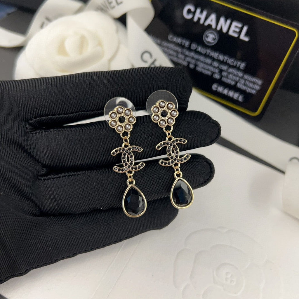 Chanel Black Crystals 18K Gold Earrings