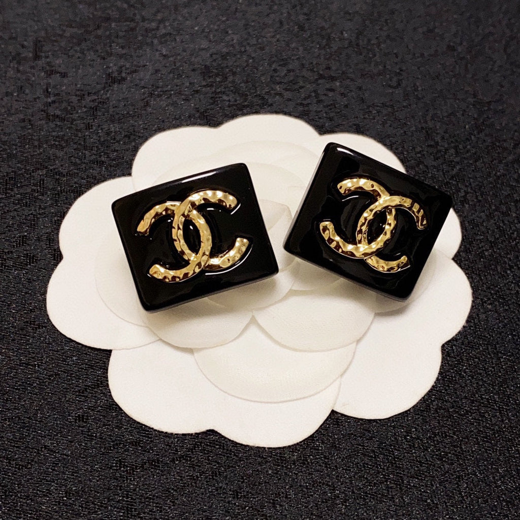 Chanel Black Resin Square 18K Gold Earrings