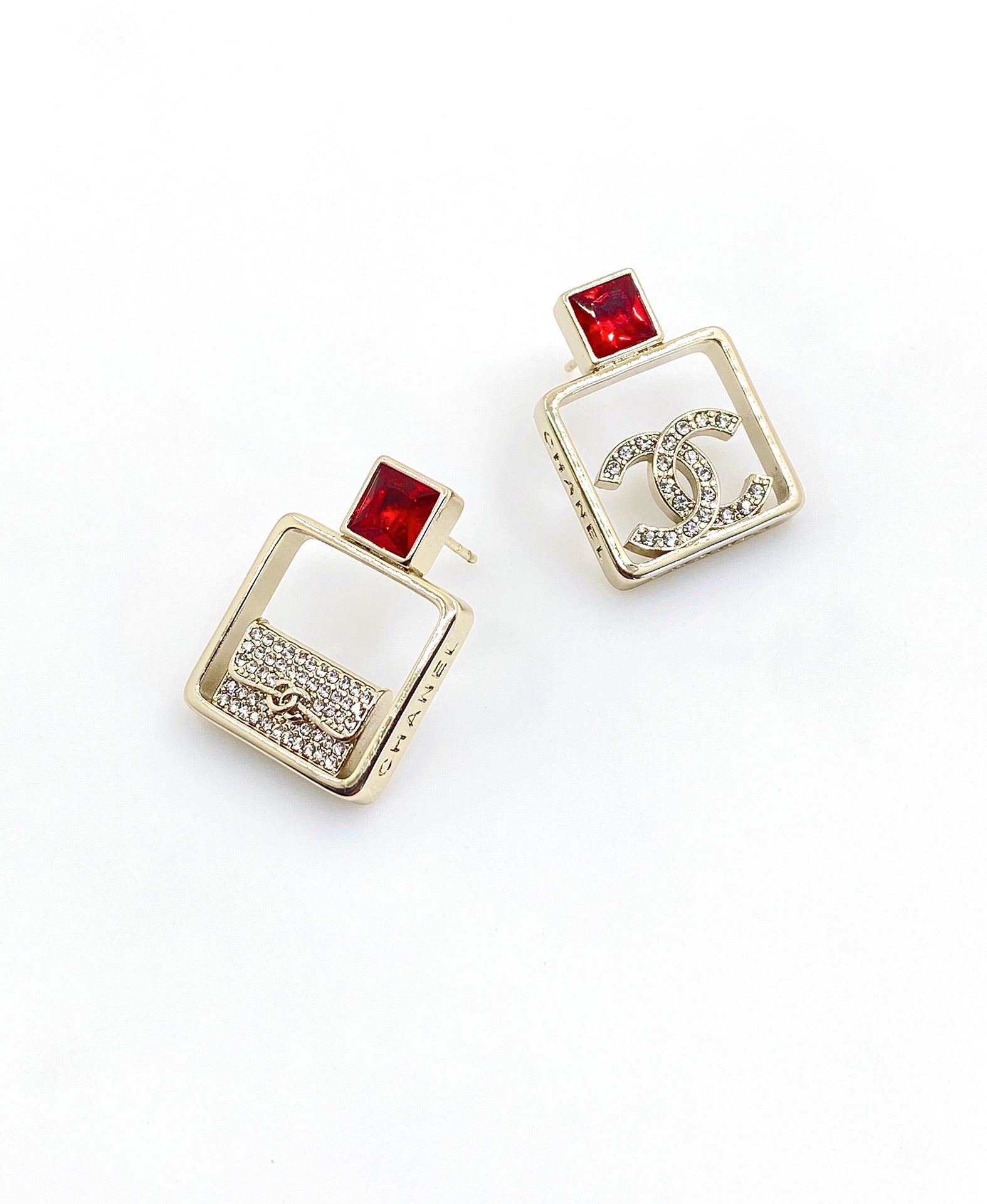 Chanel Red Bottle Pendant 18K Gold Earrings