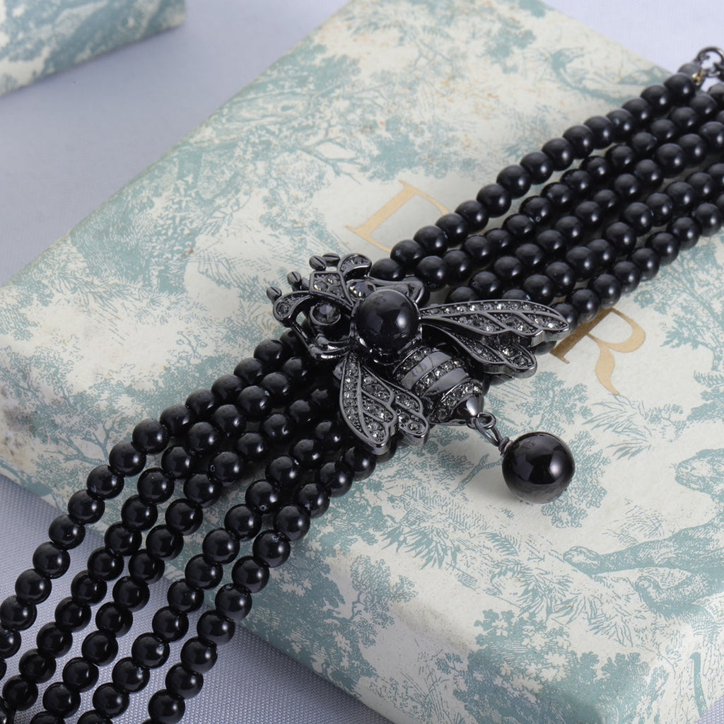 Dior Bee Black Pearls Chain 18K Gold Necklace
