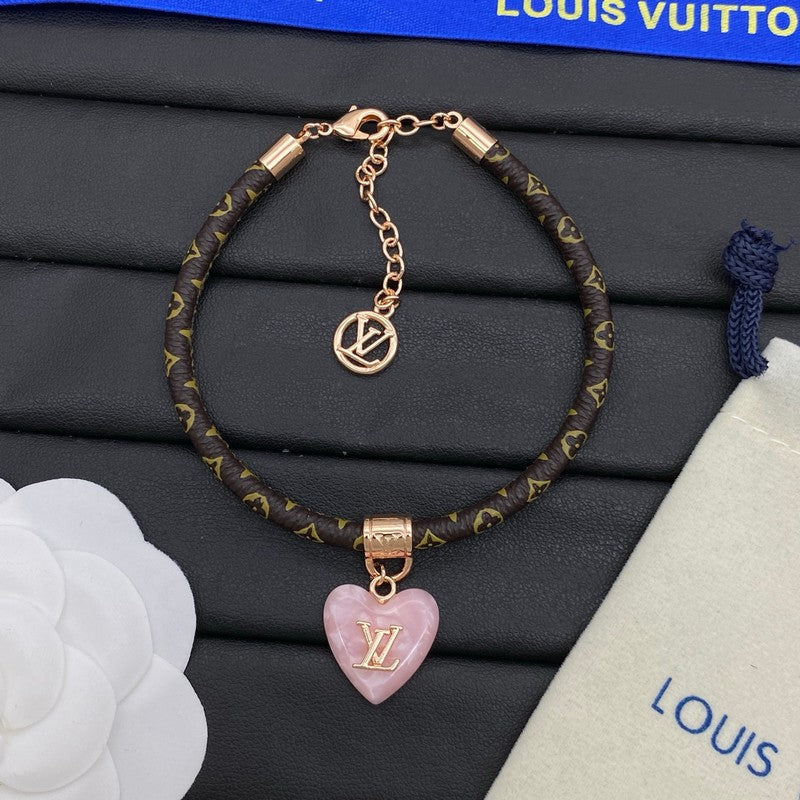 Louis Vuitton Leather Pink Heart 18K Gold Bracelet